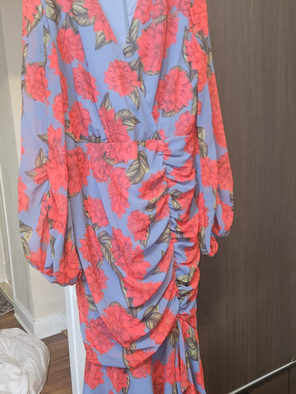 Floral Ruched Wrap Maxi Dress in Periwinkle and Red